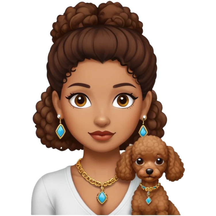 A girl with brown skin has earrings, a necklace, tattoos, and a miniature Poodle. emoji