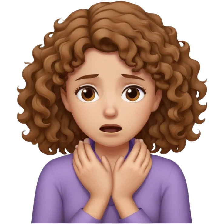 girl clutching her neck in a choking motion with both hands, she looks irritated but only slightly. she has brown wavy/curly hair  emoji