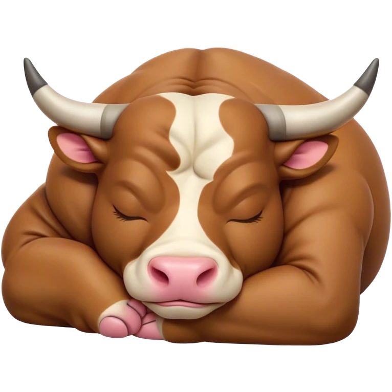 Meme-Worthy Cute Sleeping Domestic Bull Portrait Emoji, Head resting peacefully with a contented smile, showcasing a robust, muscular build and a luxuriously soft coat, eyes gently closed in serene, restful slumber, Simplified yet hilariously adorable features, highly detailed, glowing with a soft, drowsy natural light, high shine, relaxed and utterly lovable, stylized with an air of playful laziness, soft glowing outline, capturing the essence of a sleeping domestic bull that feels destined to become the next viral sensation of adorable rest! emoji
