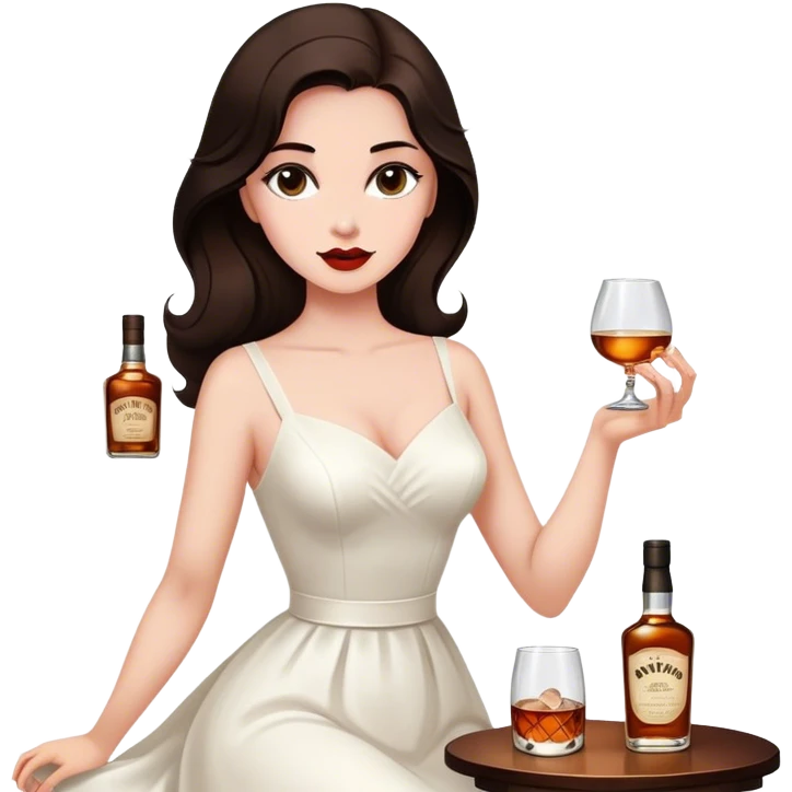 Beautiful woman in 1950’s woman fashion look, white dress, long dark brown hair, whisky with ice emoji