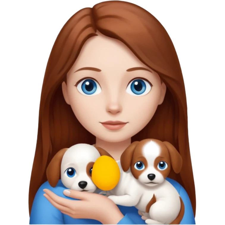 long hair chestnut color blue eyes woman holding small plain white dog emoji