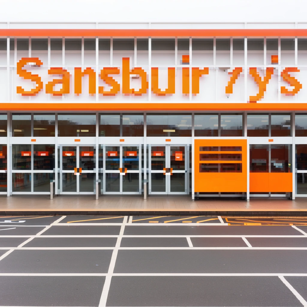 Isometric view of a Sainsbury's supermarket building with orange signage, large glass entrance, shopping trolleys, and car park with parent-child parking spaces emoji