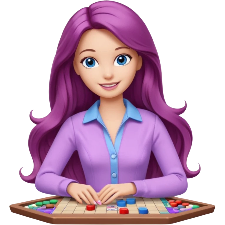 beautiful barbie girl with long brown hair, blue eyes and wearing light purple clothes playing board games emoji