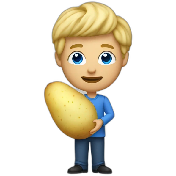 Man with blonde curtains hair and blue eyes holding potato emoji