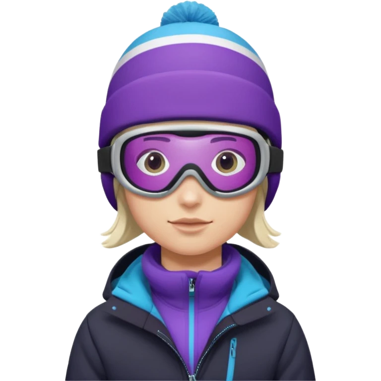 Pro Snowboarder with white and grey beanie, purple and blue frameless goggles on and a black jacket emoji