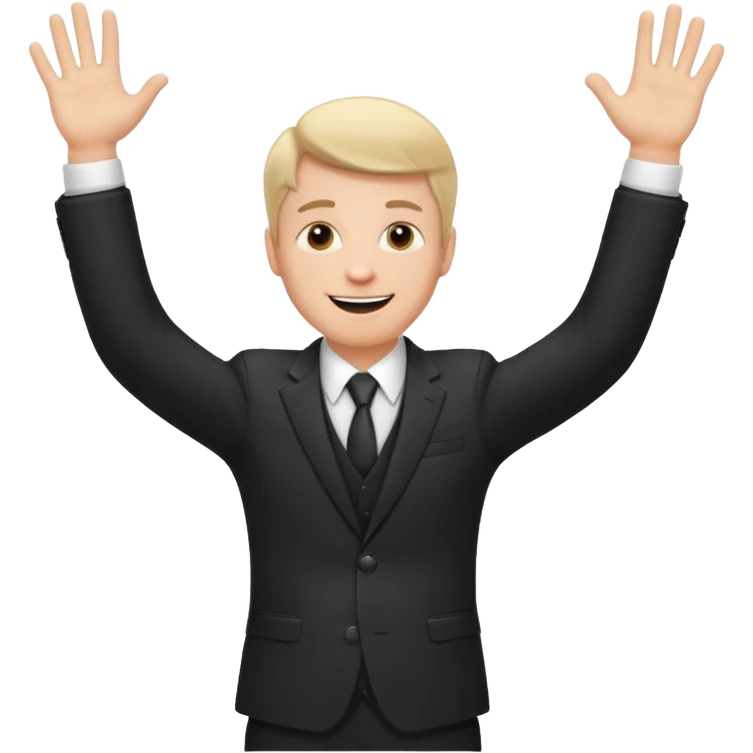 white man in formal suit throws up his hands emoji