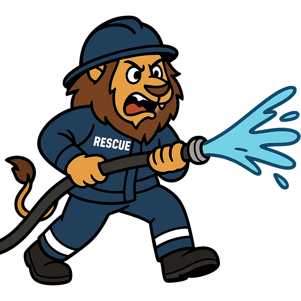 Change the fireman uniform to a rescue firefighter suit, keep the lion spraying water, dynamic action, bold lines, no background. emoji
