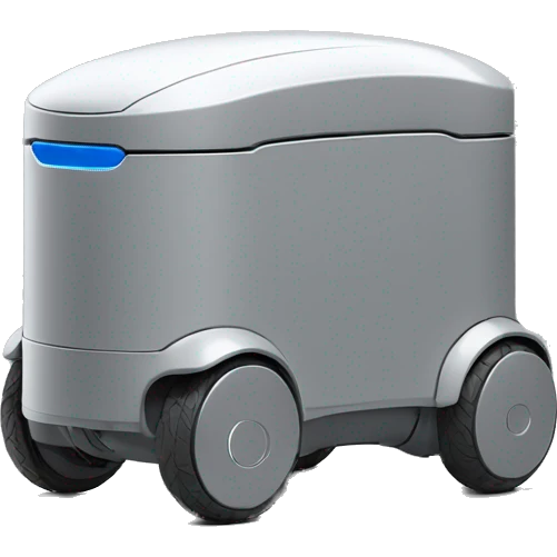 solid horizontal rectangle gray delivery robot with white circle white led eyes and opening lid on 4 wheels, minimalistic design, only rectangle emoji