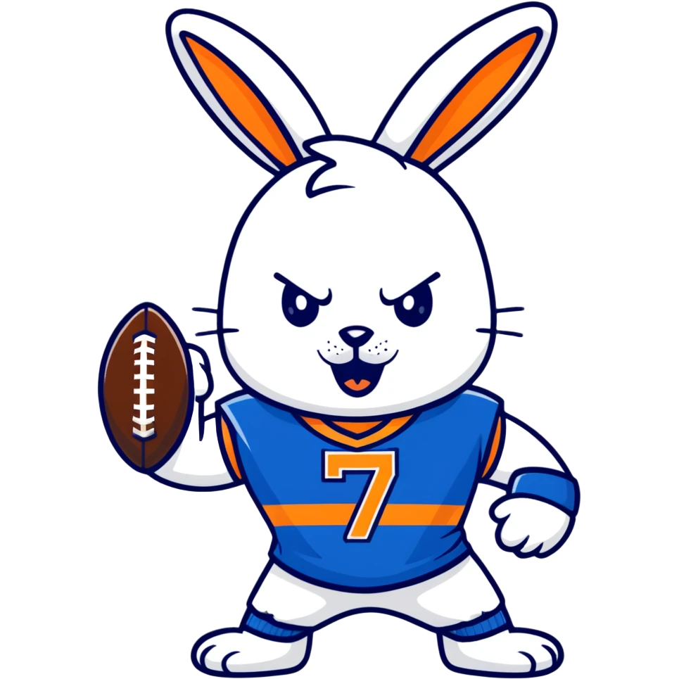 bunny mascot wearing a blue football jersey, flexing emoji