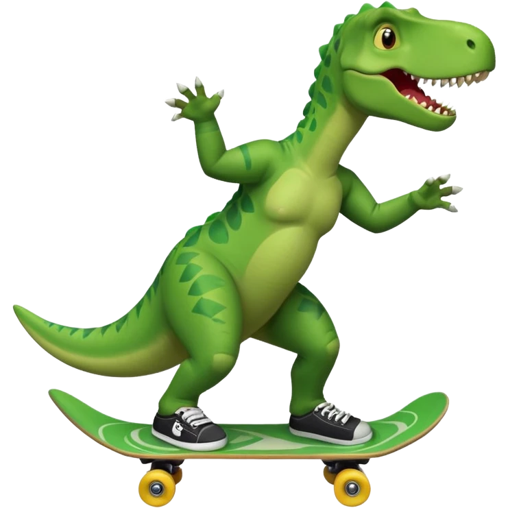 Dinosaur skateboarding at the skate park wearing a t-shirt and doing six seven and dancing emoji