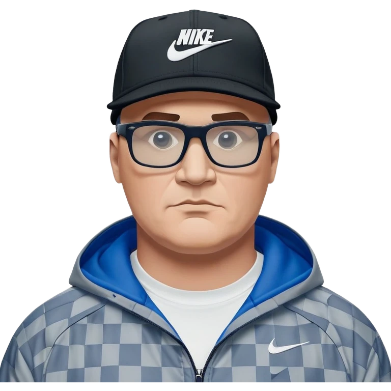 50-year-old heavyset man with very wide face and prominent square jawline wearing a black Nike baseball cap with visible Nike swoosh logo. Large dark square glasses. Serious-relaxed expression. Light gray jacket that fits his larger frame, white shirt with blue checkered pattern. emoji