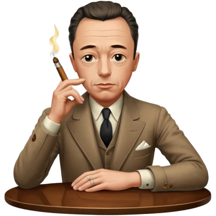 Handsome Albert Camus with a small cigar between his fingers, and with his both arms folded together loosely on the table. He looks chic, intellectual, philosophical, yet not so serious, thus so having fatal charm and attractive. emoji