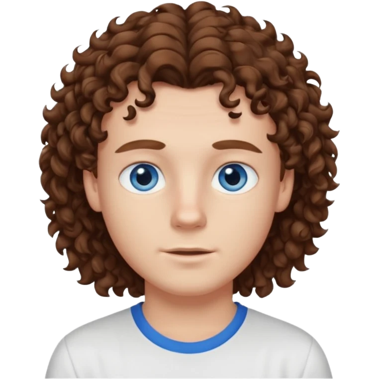White boy with blue eyes and brown semi long hair with a White shirt without a side part, curly hair emoji
