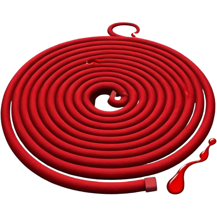 Minimalist emoji-style sticker of a coiled red carpet with drops of blood on the floor around it. Flat design, black and desaturated red tones, no perspective, bold lines. emoji