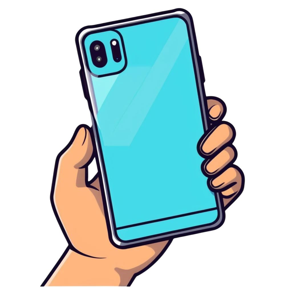 human hands holding a futuristic transparent smartphone emoji