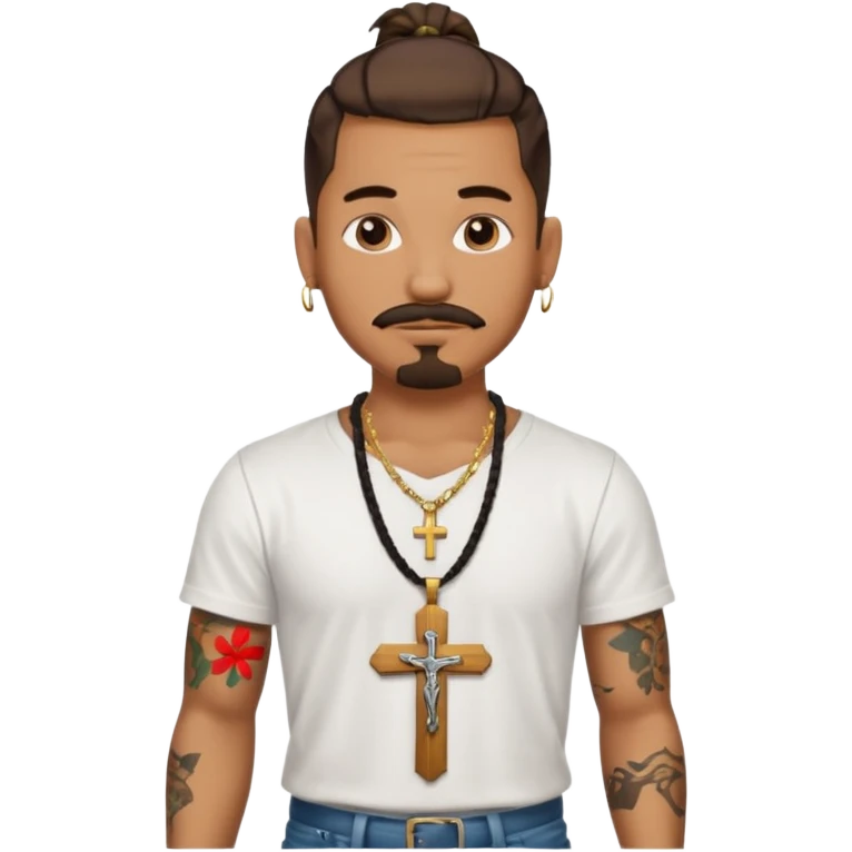 Deci creează mi un emoticon cu un băiat mai creol care are doar o coadă are cercel intr o ureche are tatuaje și barba cioc și mustața și are lanț la gât cu cruce vreau să fie cu totul cu tot cu corp și cercel vreau să aibă doar intr o ureche nu în ambele  emoji