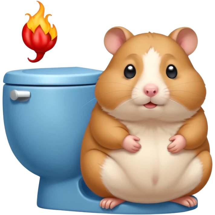 Cute chubby cartoon-style hamster sitting on toilet pooping looking guilty with thought bubble thinking about chilli  emoji