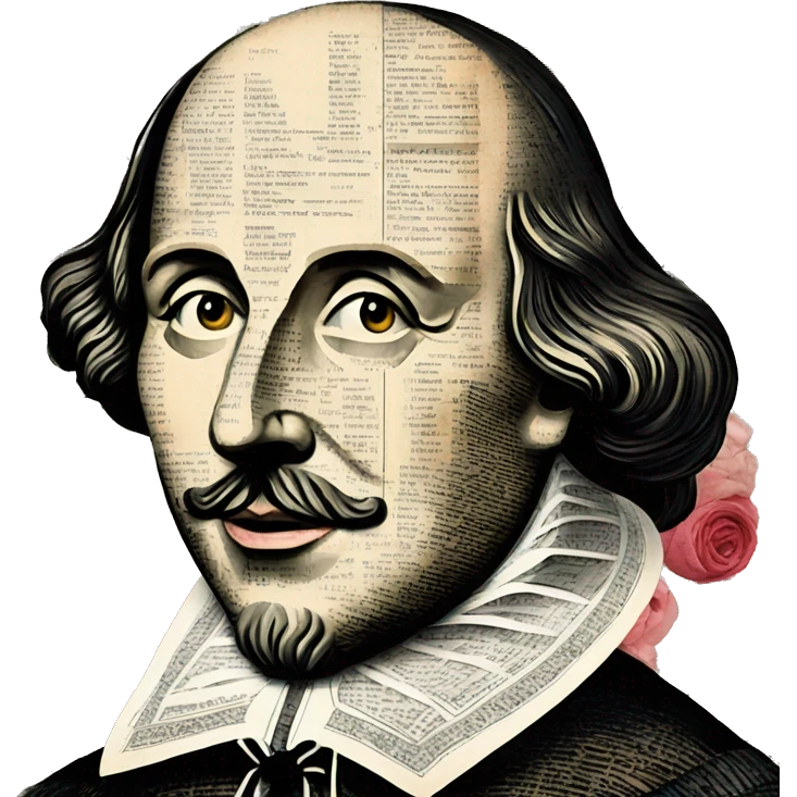 Shakespeare made of newspaper cuttings wearing flowers,  collage of intricate patterns, roses flowers emoji