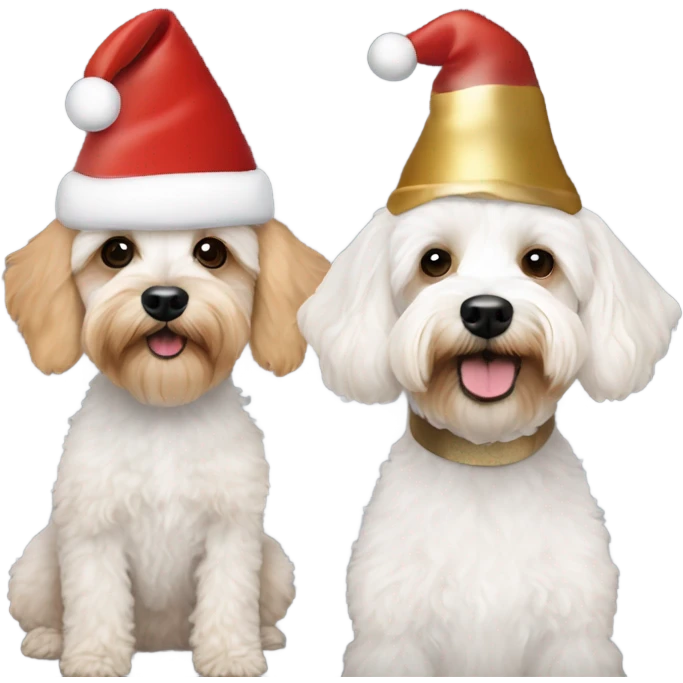 White Schnoodle and gold cavapoo with Christmas hats emoji
