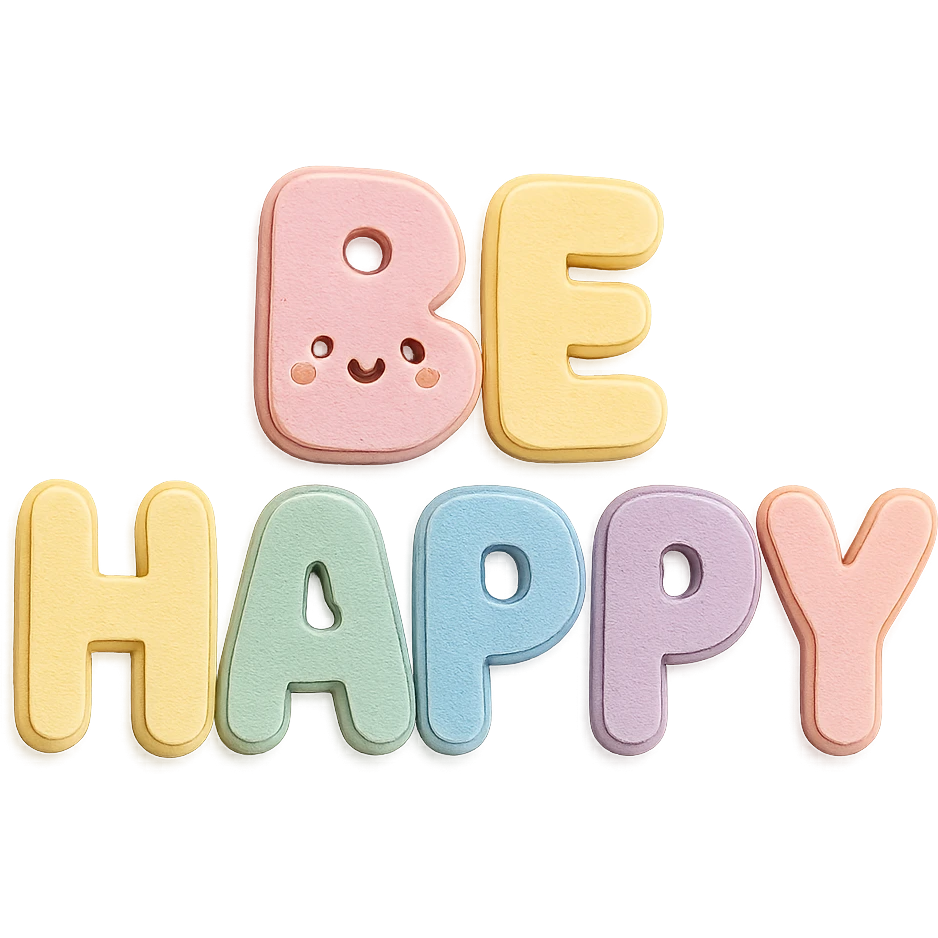Kawaii style "Be Happy" in soft pastel rainbow soft puffy text, no frame, isolated design, transparent background emoji