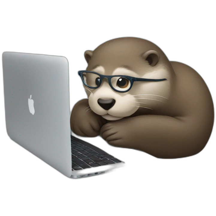otter with eyeglasses leaning against a pillow while using a macbook emoji
