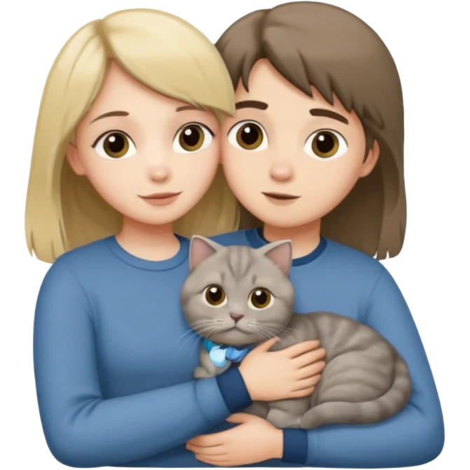 Long Blonde girl and brunette boy hugging one grey scottish fold cat emoji