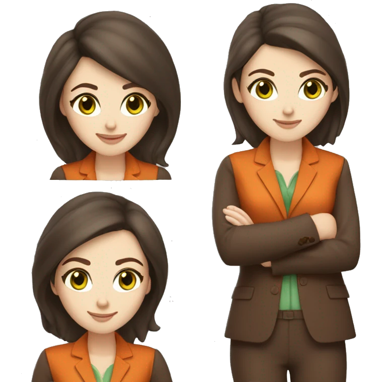 woman, green eyes, pale white skin, chocolate brown hair, orange business suit emoji