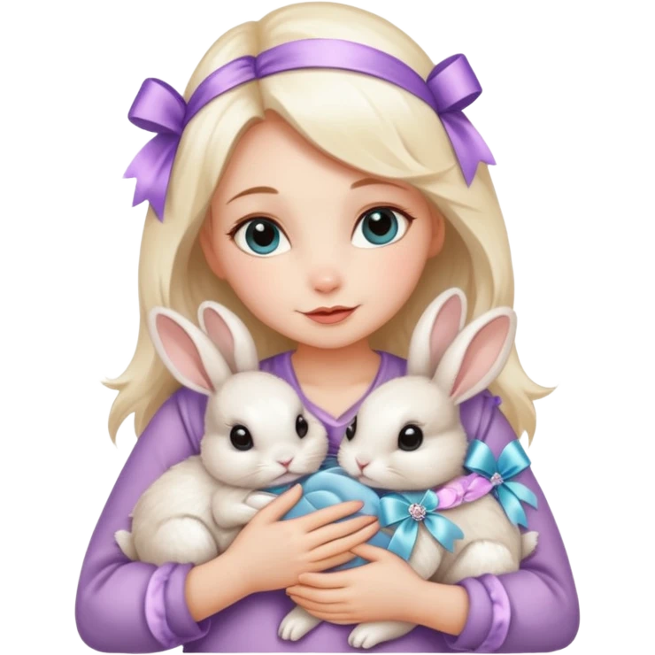 woman hugging baby rabbits with ribbons and crystals emoji