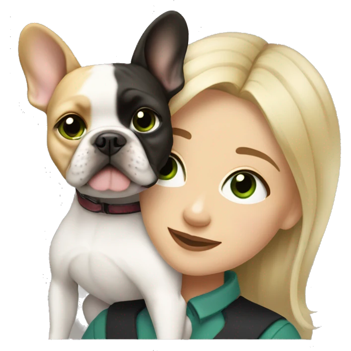 A blonde girl with green eyes with a square hugs a French bulldog with brown eyes and dark gray fur emoji