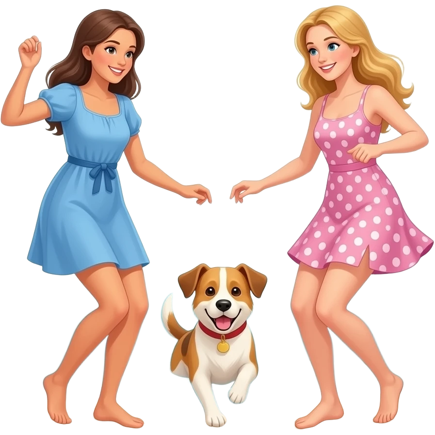 Lesbian couple (two women) dancing on the beach while their dog plays in the water emoji