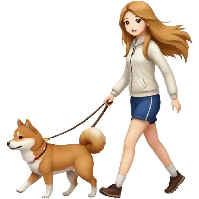 A long-haired girl walking a Shiba Inu emoji