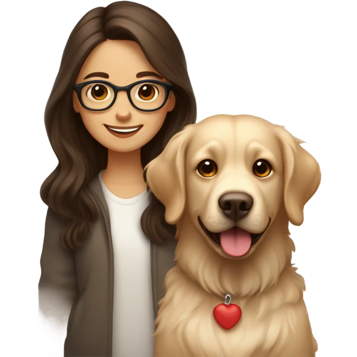 Smiling girl with long dark wavy brown hair and red glasses next to a small shaggy beige Labrador dog emoji
