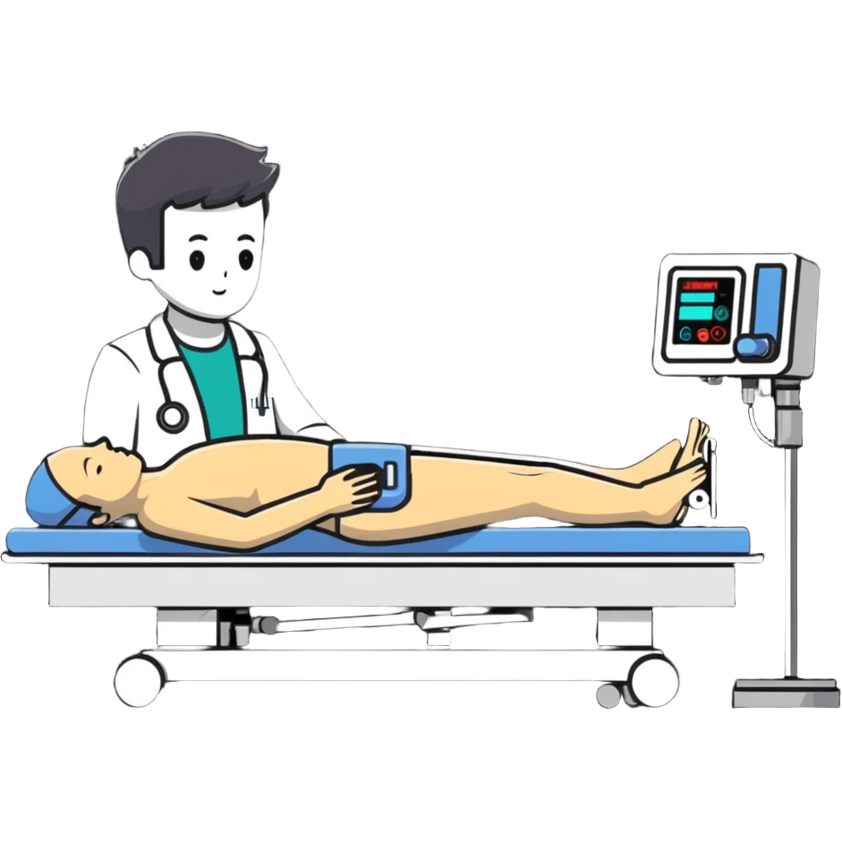 Medical DEXA scan machine with male patient lying flat on table, technician operating bone density measurement equipment, side view emoji