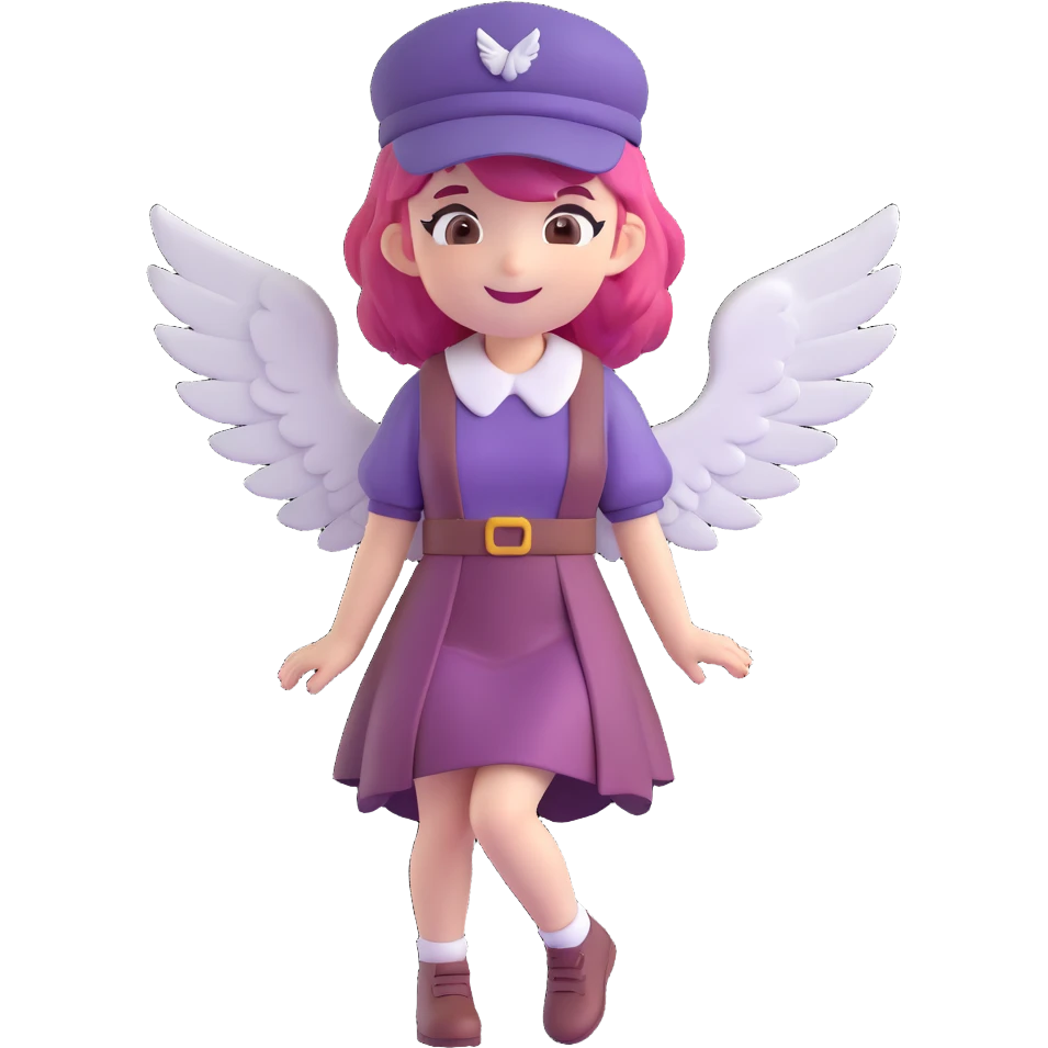cute anime girl with pink hair, wearing a maroon dress and hat with white details, large white wings with purple accents, smiling, 3D emoji style emoji