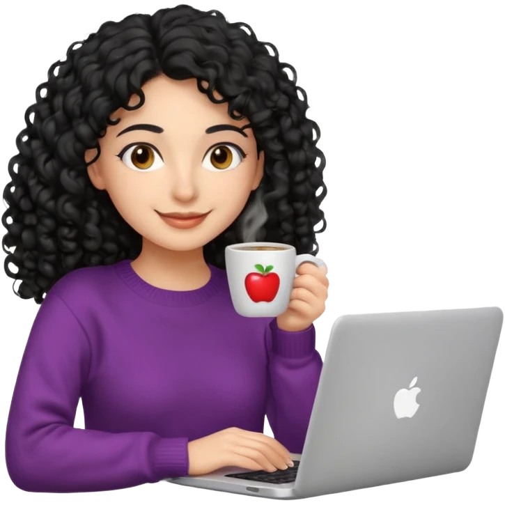 young Persian woman, 20 years old, black curly hair, wearing a sweater, drinking coffee and working on a laptop, smiling, 3D Apple emoji style emoji