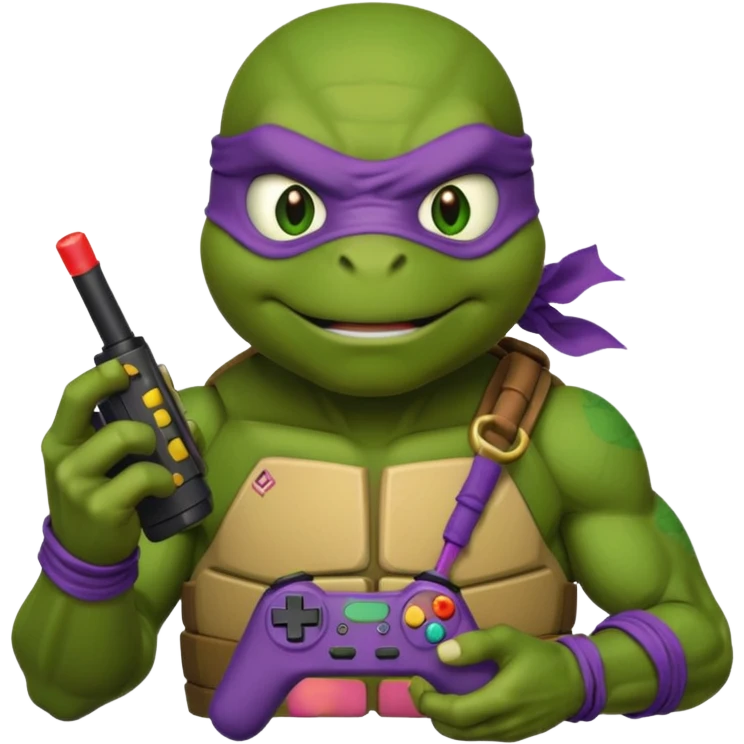 Donatello from Teenage Mutant Ninja Turtles, emoji style, with a joystick and a determined look emoji