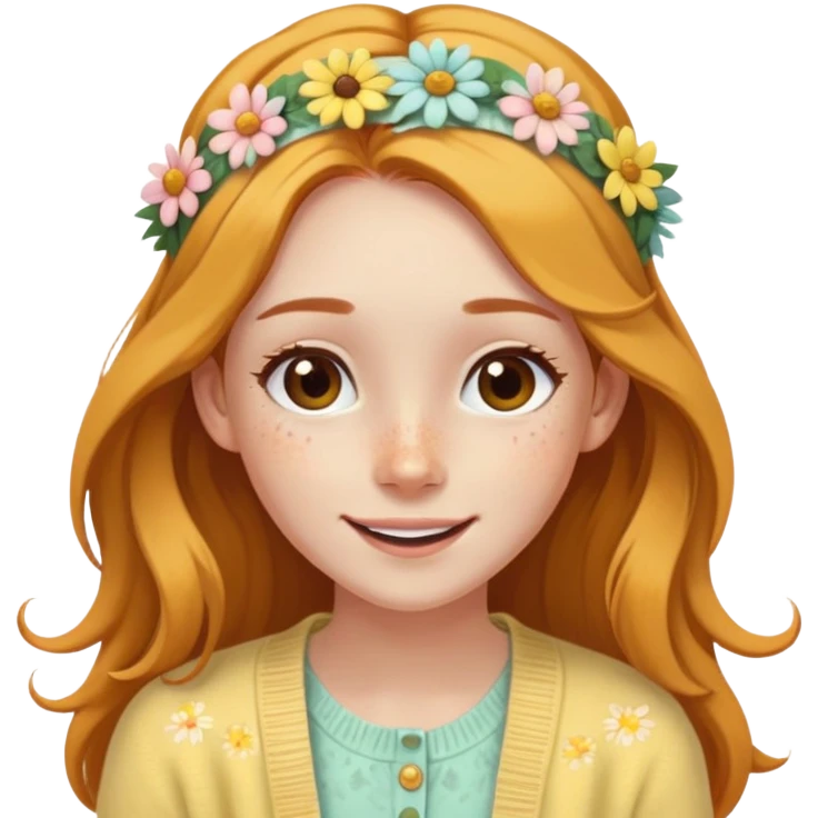  A freckled girl with long hair, a floral headband, and a pastel yellow cardigan, looking joyful. emoji