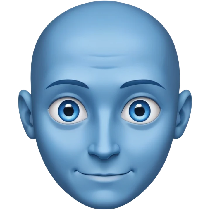 a character with blue skin and a huge forehead - twice the size of the face, the shape of the head is like a rounded inverted triangle. He has a smooth bald head. a sly, intelligent smile. Close-up. Blue eyes emoji