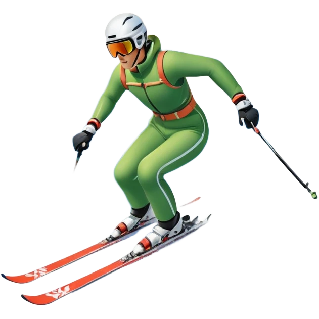 An icon featuring snowy peaks, pine trees, and a picturesque mountain landscape with a skier racing down a snow-covered slope, The sky is blue with soft clouds, capturing the thrill and beauty of alpine skiing. Transparent background highlights the excitement and serenity of winter sports. emoji