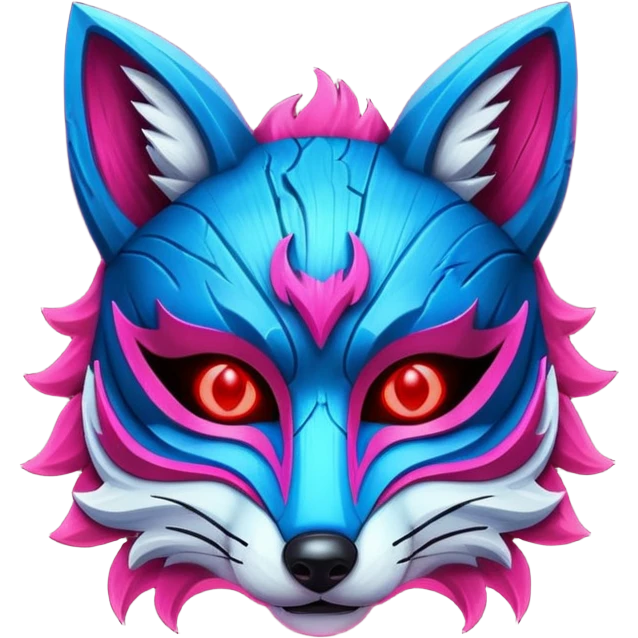 Ancient wooden mask, split in half, luminous and neon with red, blue and pink fox-like glow. emoji