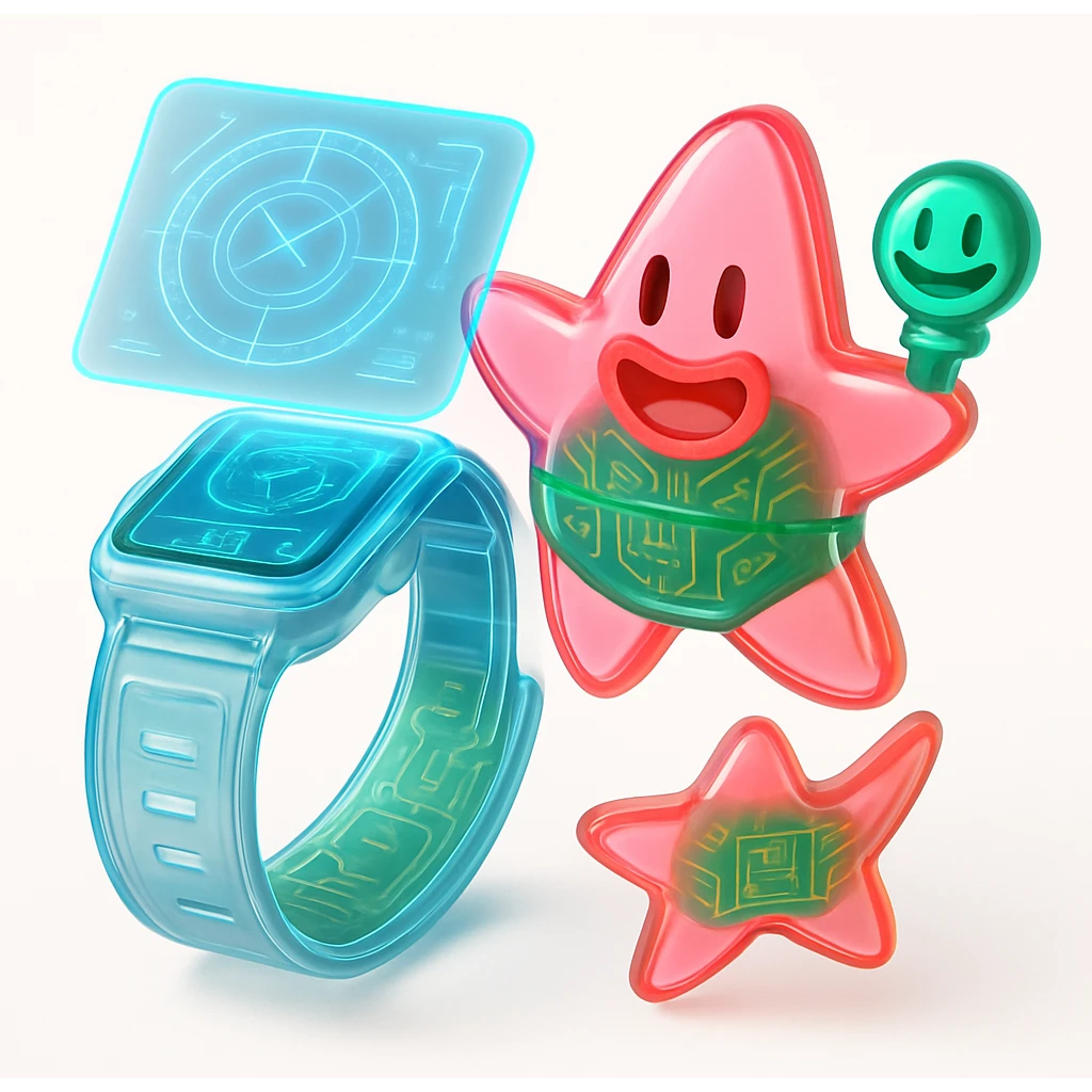 A futuristic smartwatch with holographic display and visible electronics emoji