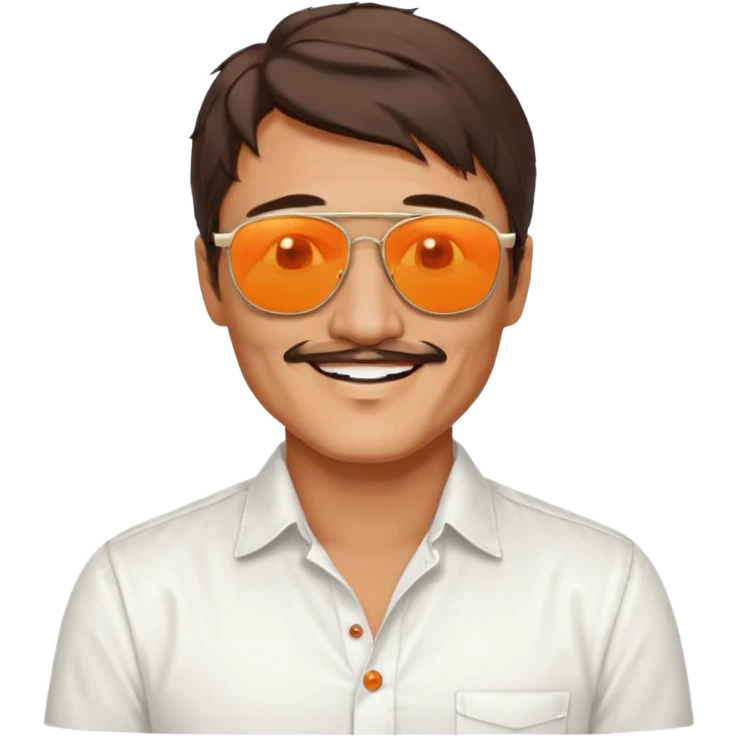 Pedro pascal looking really steamy and sexy smiling in an opened white button down shirt with shady orange glasses emoji
