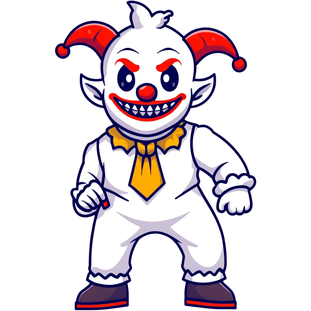 full-body demonic clown in a white leisure suit with bellbottom pants, bald, with black ram horns, flashy belt, ruffled shirt, no neck tie, cartoon sticker style emoji