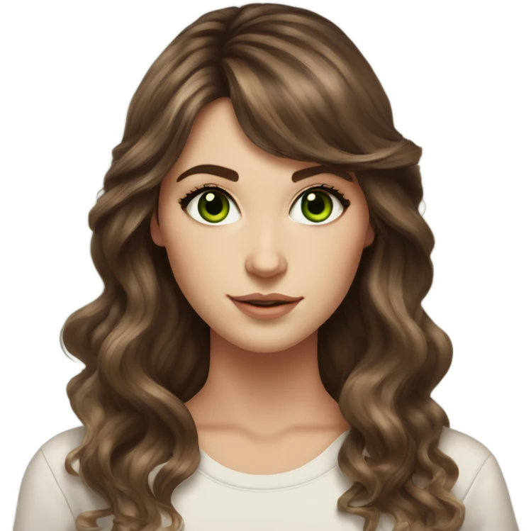 White girl green eyes with long voluminous brown hair with brown highlights balayage bangs emoji
