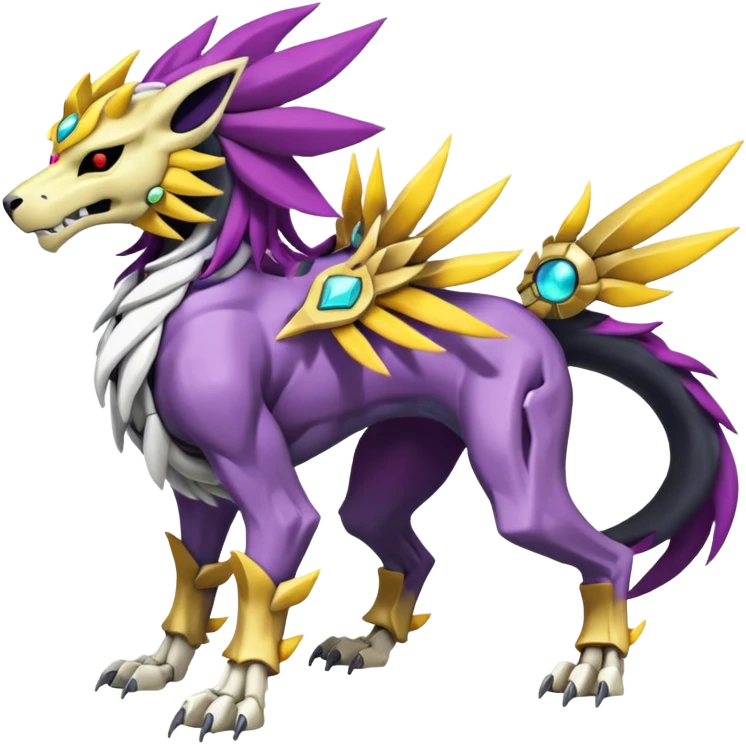 Colorful Skeletal masked armored Solgaleo-Raikou-Pokémon-Digimon-Fakémon-fusion-hybrid-creature, full body emoji