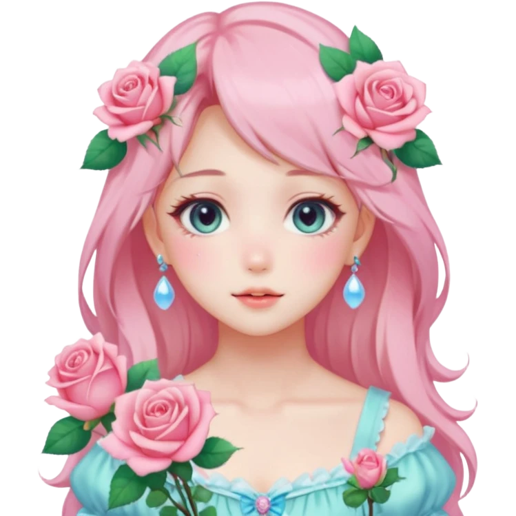 Gorgeous pastel anime style lady with blushing face and roses cottagecore fairycore pastelcore shiny colorful pearly aesthetic trending style emoji