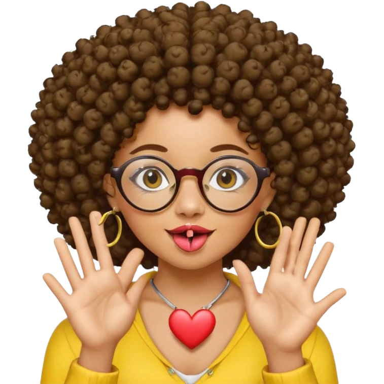chica con piel morena, cabello rizado afro, vestida de amarillo, con candongas y  que use lentes, saque la lengua, y mientras hace un corazón con las manos emoji