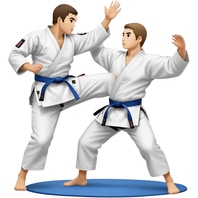 Two judo practitioners in traditional gi, one executing a powerful throw while the other is countering with a defensive move. The background features a judo mat and a focused dojo atmosphere. Transparent background highlights the precision and technique of judo. emoji