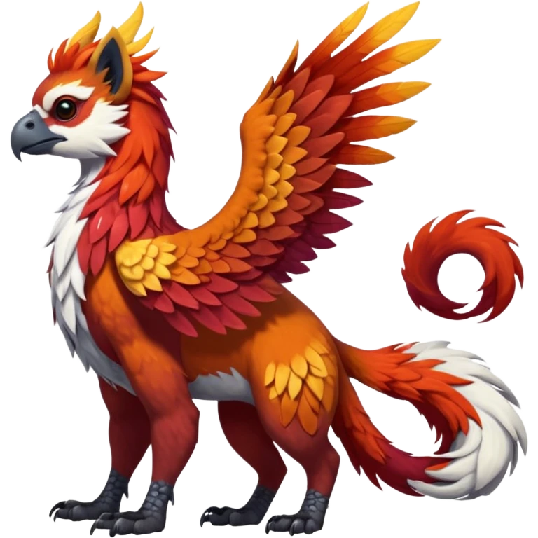 4-legged colorful shiny smooth glossy furry realistic scaly winged long-big-beaked Gryphon-Griffin-Griffsnuff-Talonflame-Silvally-Braviary-Red-Panda-fusion-hybrid-animal-Fakémon-creature, full body, with a long thin tufted lion-tail, long tufted ears  emoji