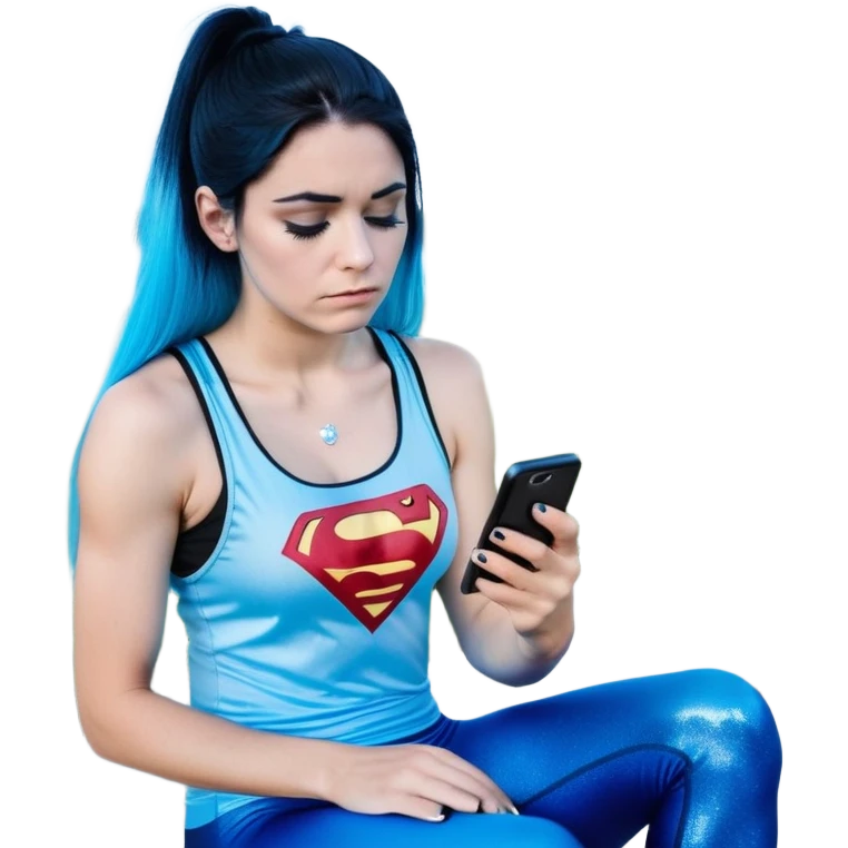 Shameful disappointed crying-very very very very big chest-texting on a samsung cell phone-very long straight flowing black to sky blue hair ombre-blue eyes-black eyeliner-long eyelashes-plastic sparkling sky blue very low cut tank top with sparkling superman logo-black leggings-nike sneakers emoji